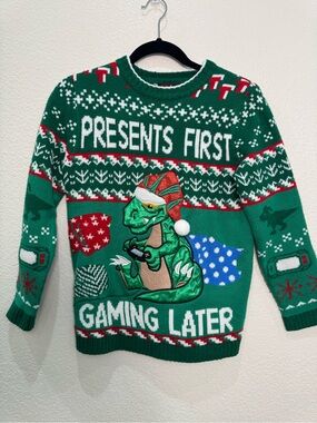 33 Degrees Ugly Christmas Sweater Dinosaur Gamer Presents First Kids M Green